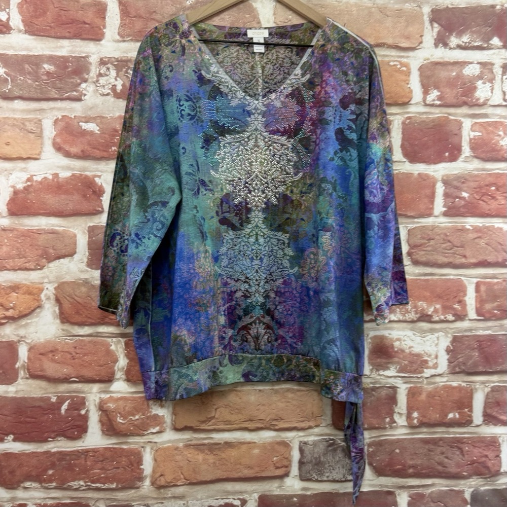 Chicos Top Women's XL Multicolor Boho Floral Abstract Tie Bottom Casual Shirt - Picture 2 of 8